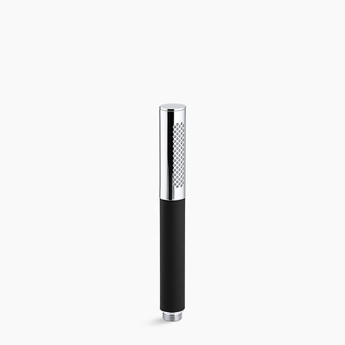 A sleek, cylindrical utensil with a chrome top and a textured surface grates food while resting upright against a plain background.