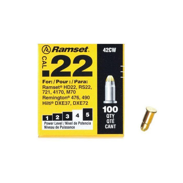 A box of .22 caliber cartridges sits beside one loose cartridge, labeled with compatible tools and power levels in a bright yellow and black design.
