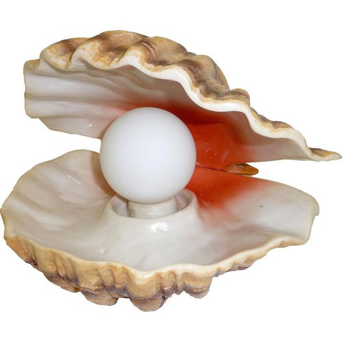 A large, open seashell holds a smooth white sphere, showcasing its inner colors against a white background.