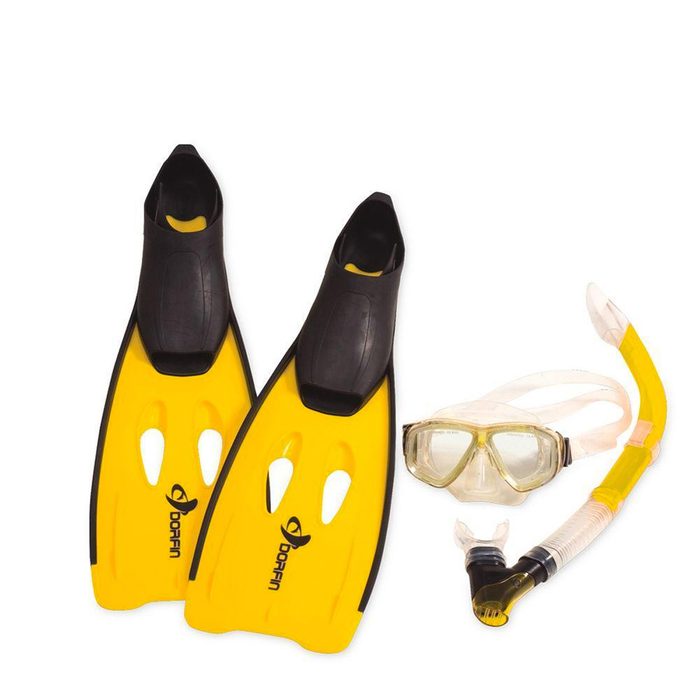 Yellow snorkeling fins and a mask with a snorkel are arranged together, ready for underwater exploration in a water-based environment.