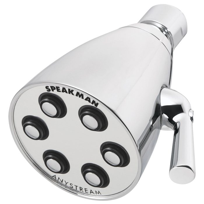 A chrome showerhead with multiple spray settings is positioned upright, featuring a handle for adjustments in a bathroom setting.