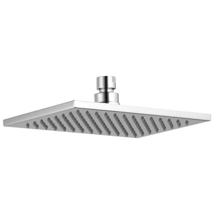 A square showerhead is mounted from above, with evenly spaced water outlets, designed to provide a wide water flow in a bathroom setting.