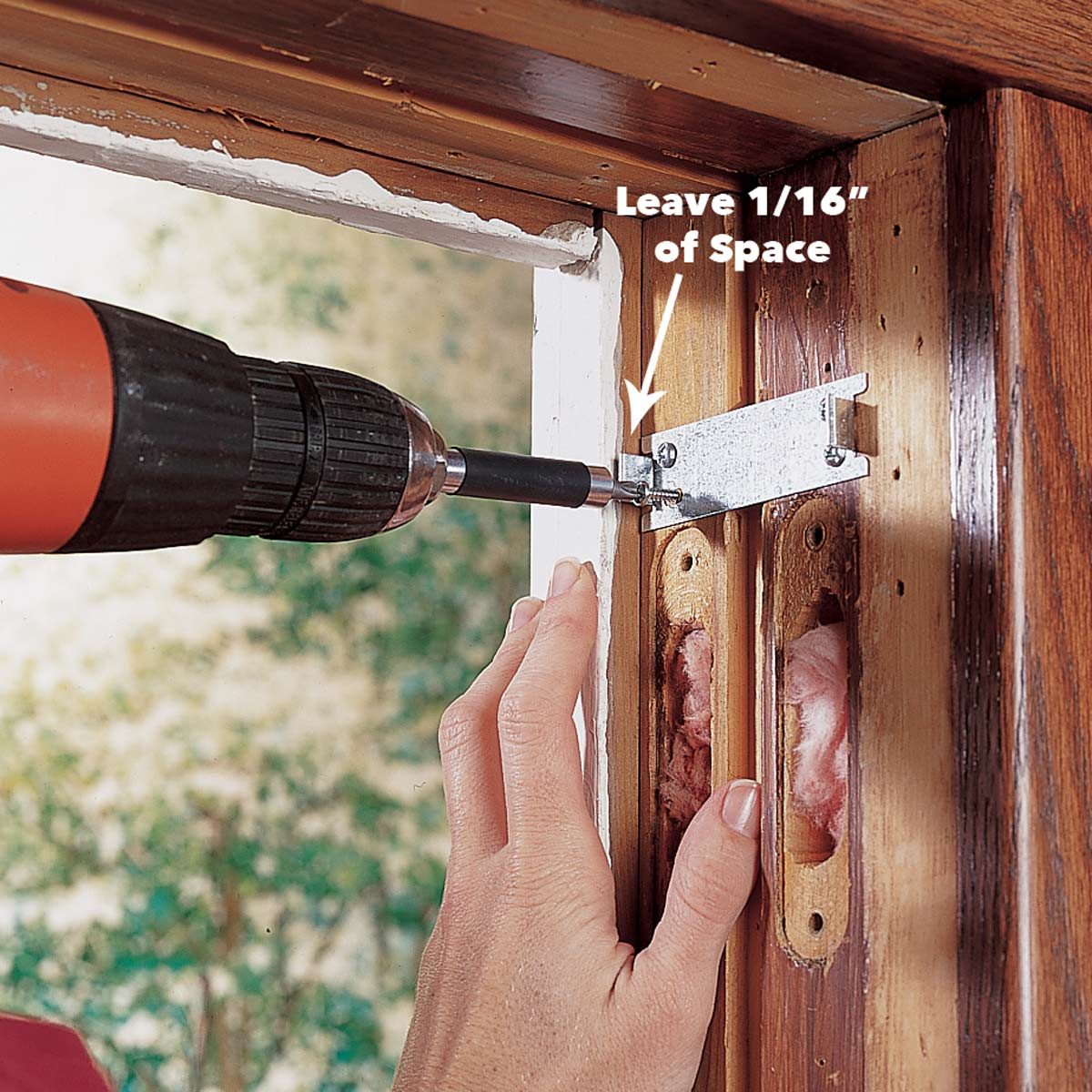 A hand holds a screwdriver, fastening a metal bracket to a wooden door frame, while the background hints at an outdoor scene. Text states: "Leave 1/16” of Space."