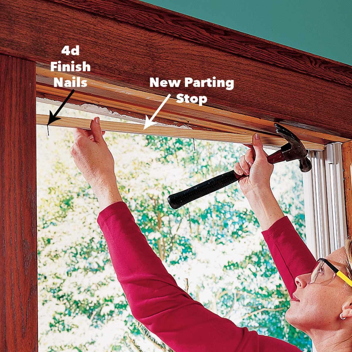 A person installs a new parting stop using a hammer, with finish nails visible. The setting features bright natural light and wood detailing.