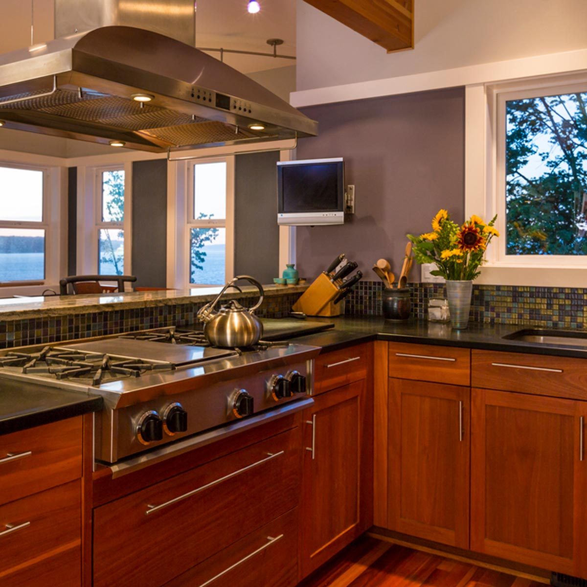 A stainless steel stove sits in a modern kitchen, with a kettle on the burner and a vase of sunflowers nearby, against large windows overlooking water.