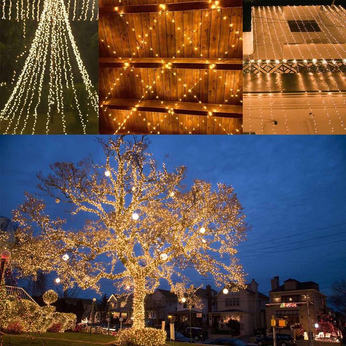 Strings of warm white lights illuminate various settings, including trees and ceilings, creating a festive atmosphere during twilight in a suburban neighborhood.