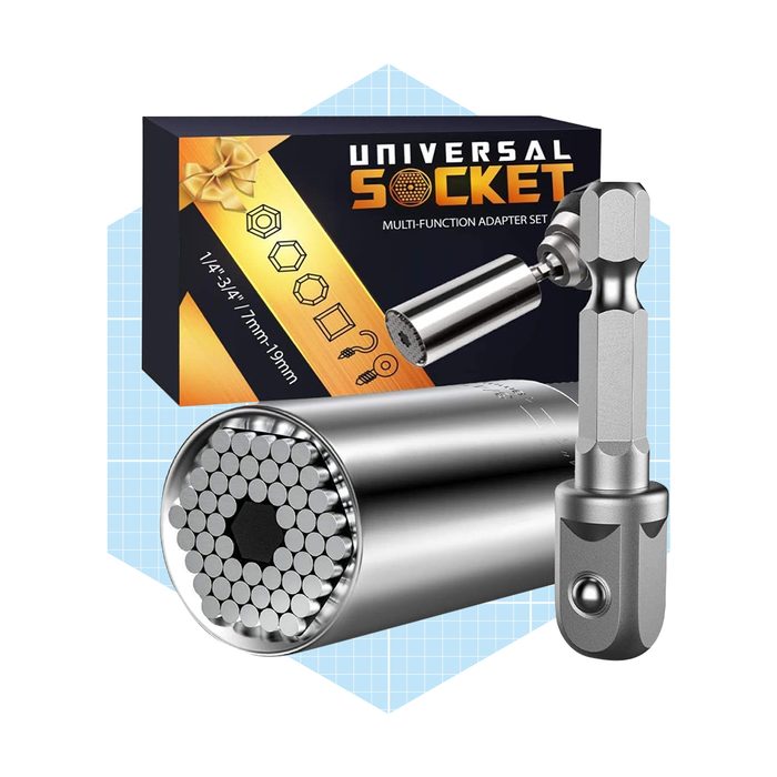 A universal socket tool with a hexagonal shape sits next to an adapter bit, all against a light blue grid background, indicating a multifunctional use.