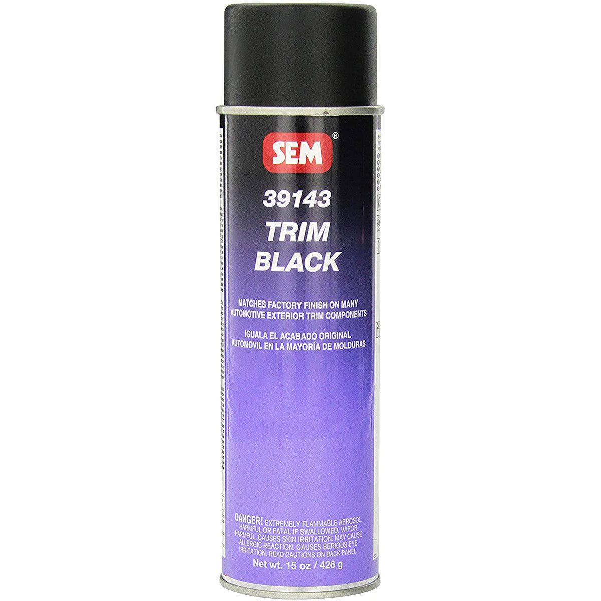 A spray can labeled "SEM 39143 TRIM BLACK" contains a black paint for automotive trim, designed for matching factory finishes on exterior components.