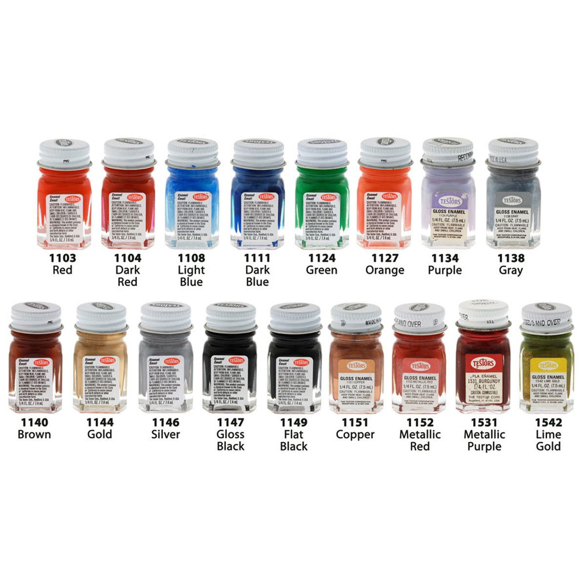 A collection of labeled paint jars displays various colors including red, blue, green, and metallic shades, arranged in two rows against a white background.