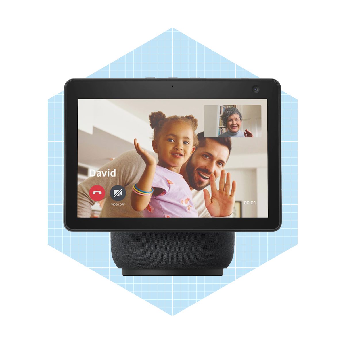 A video call device displays a man and a child waving. They are smiling, indicating a friendly interaction, set against a light, modern interior.