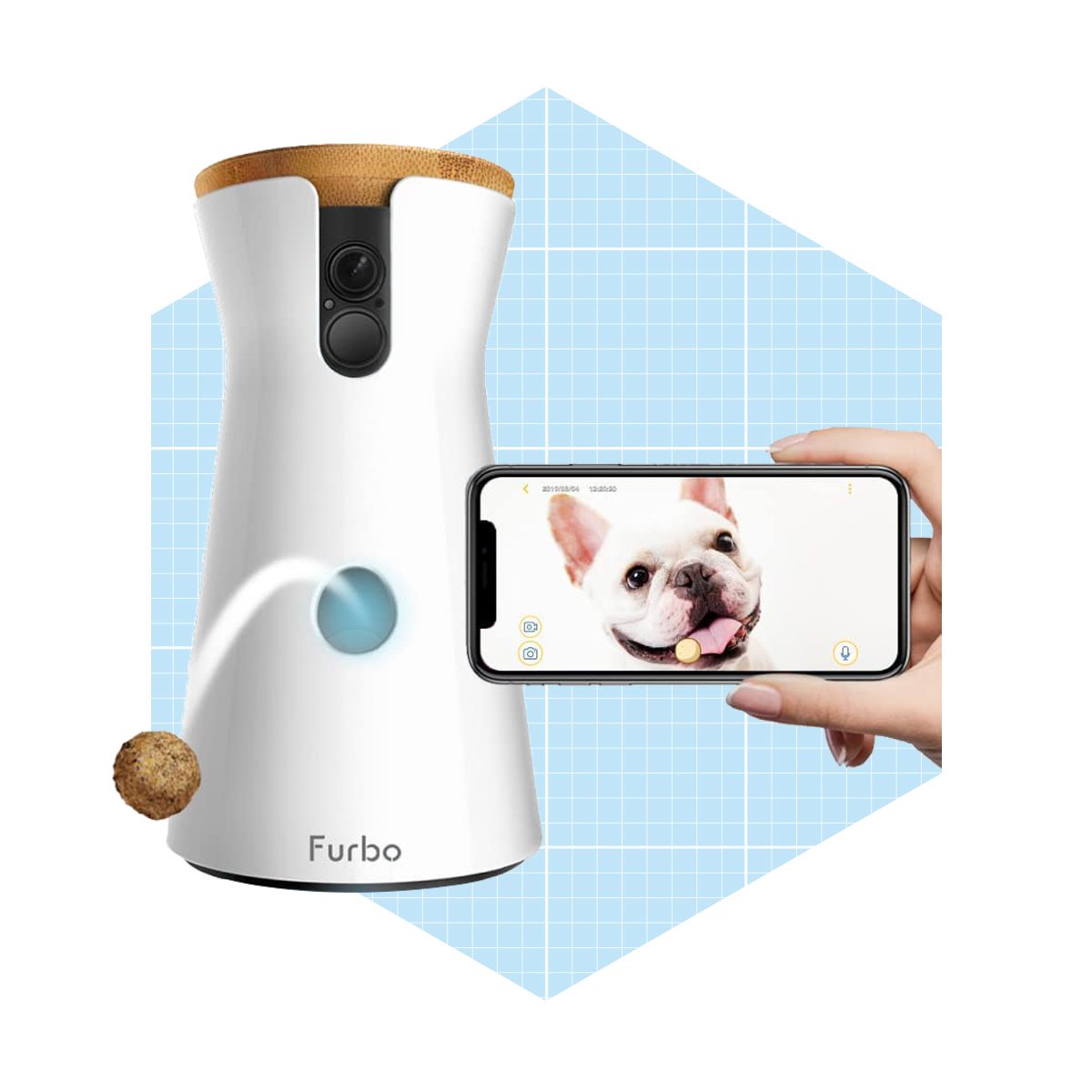 A pet camera emits a treat while someone holds a smartphone displaying a dog, set against a light blue grid background.