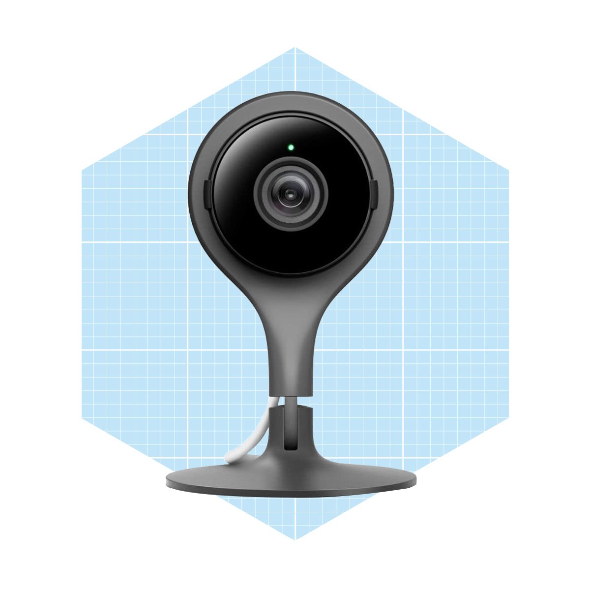 A security camera stands upright, capturing imagery, surrounded by a light blue grid backdrop that emphasizes its sleek design and modern functionality.