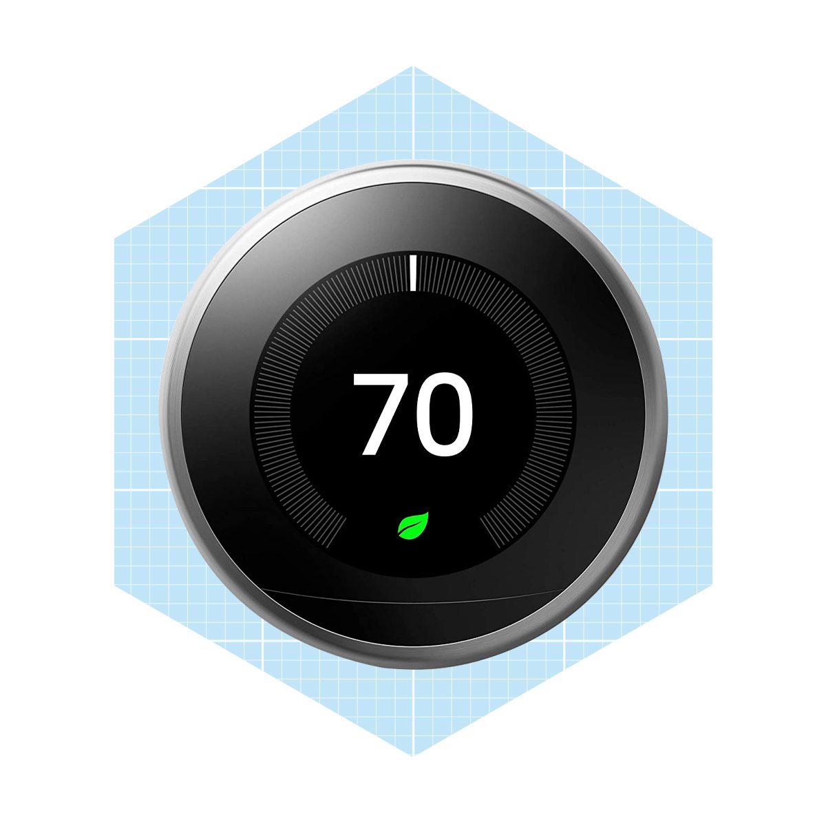 A round thermostat displays a temperature of 70, featuring a green leaf symbol, set against a light blue grid-patterned background.