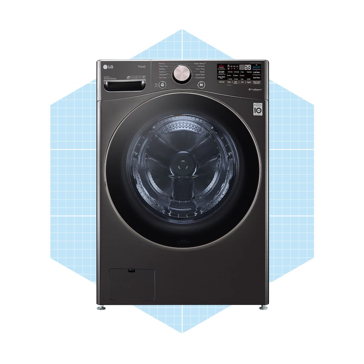 A front-loading washing machine displays its glass door, digital controls, and sleek black surface, set against a light blue geometric background.