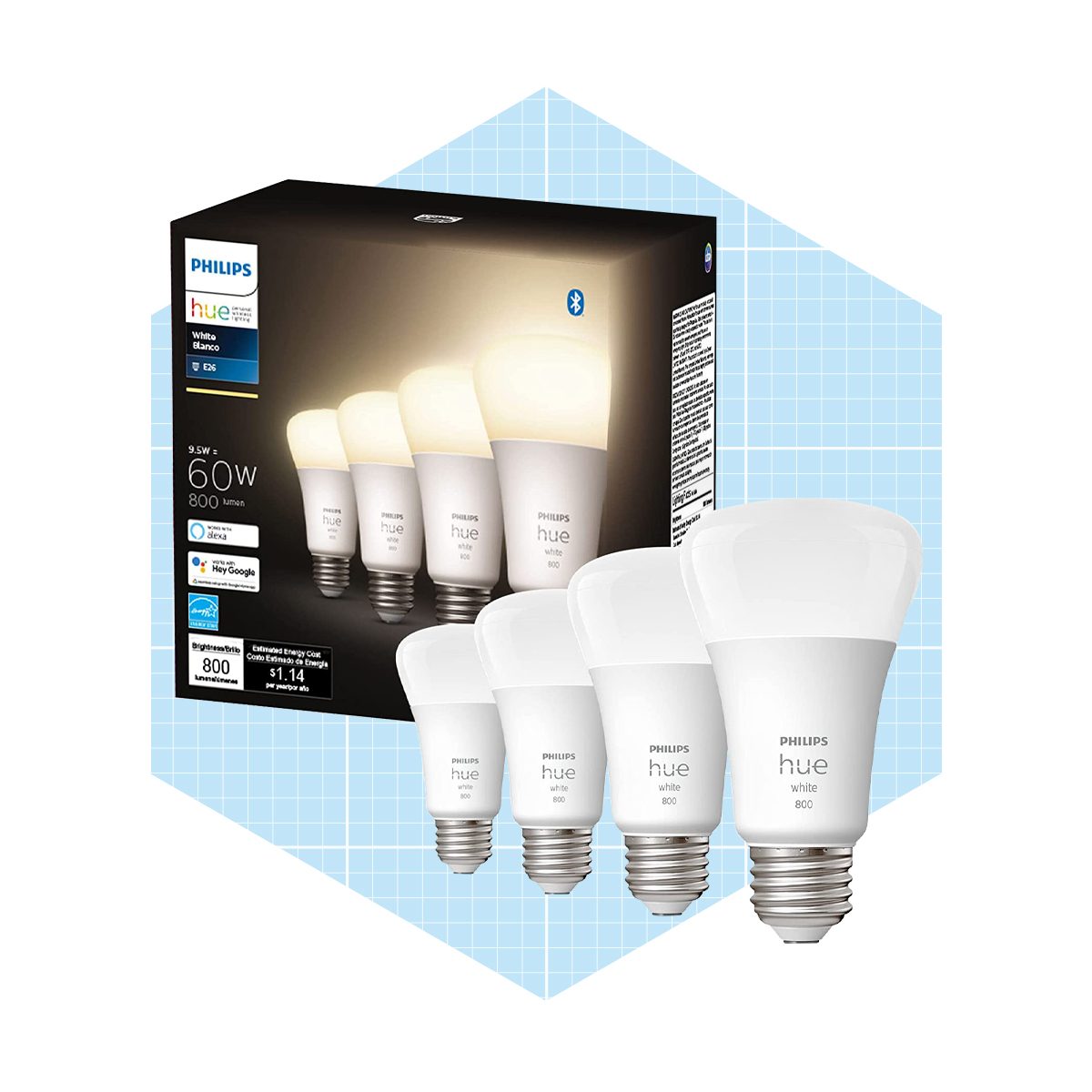 Four smart LED light bulbs are displayed in front of their packaging, which features product details and a gradient background.