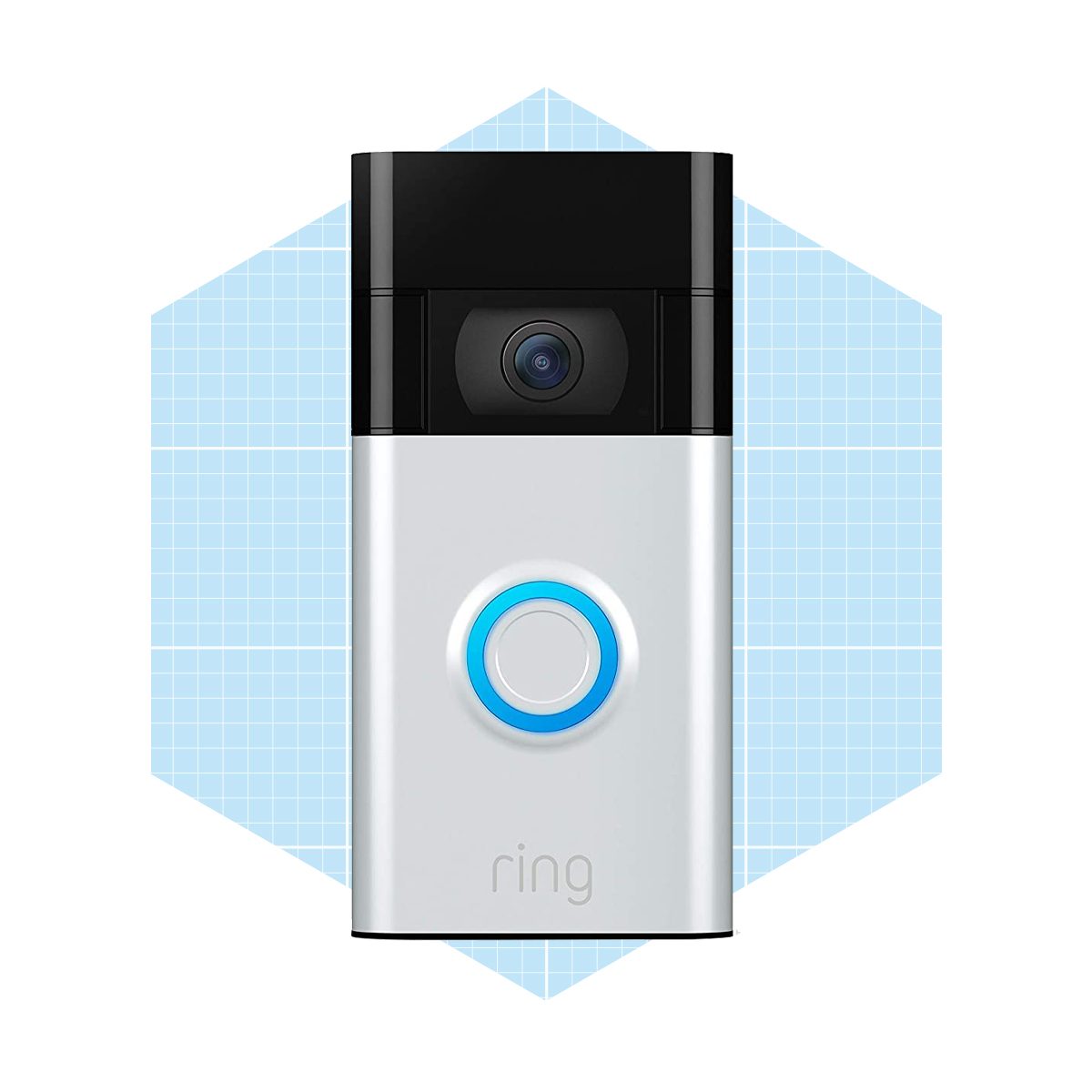 A video doorbell is displayed prominently, featuring a camera at the top and a blue button at the center, set against a light blue background.