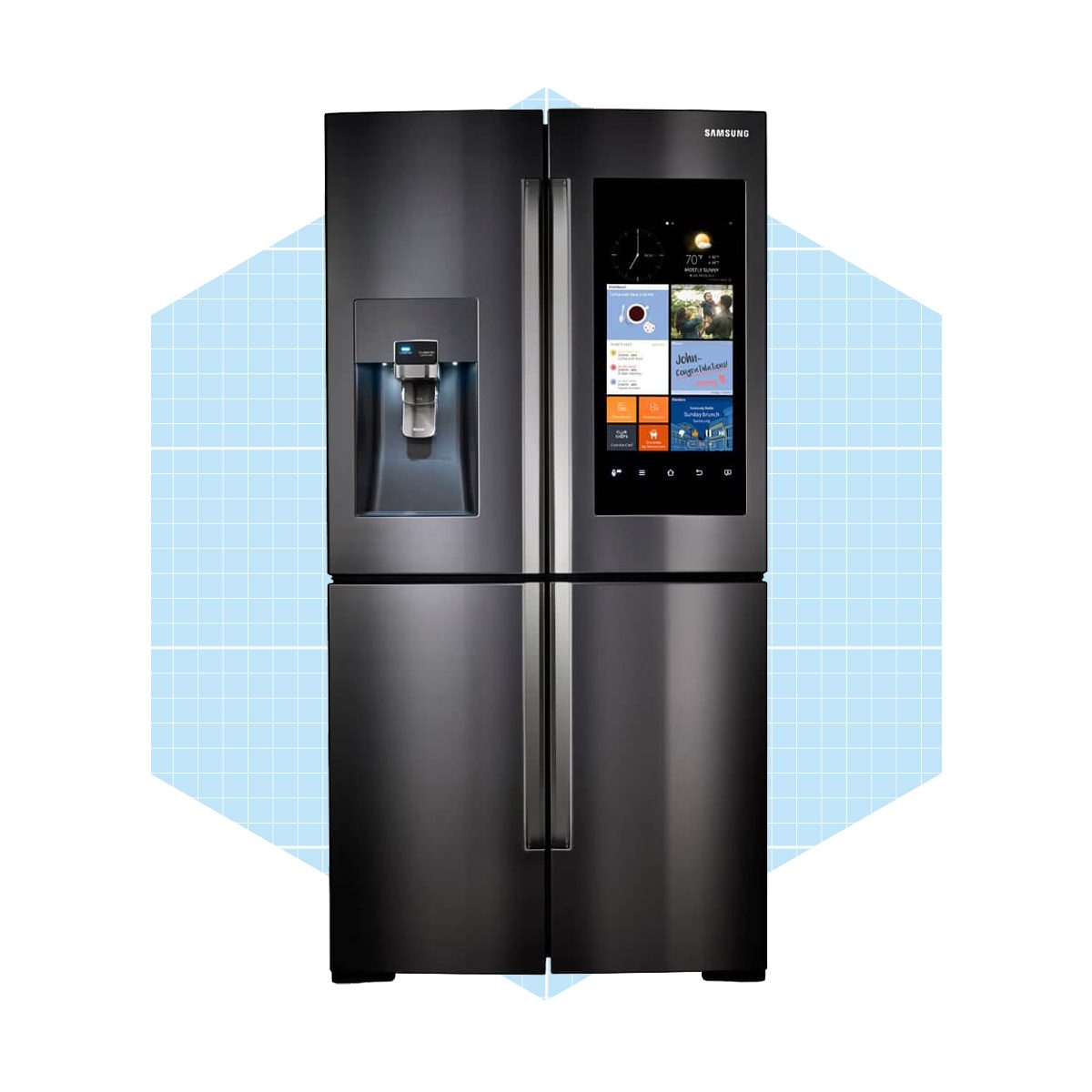 A black refrigerator stands front-facing, featuring a water dispenser and a touchscreen interface, set against a light blue grid background.
