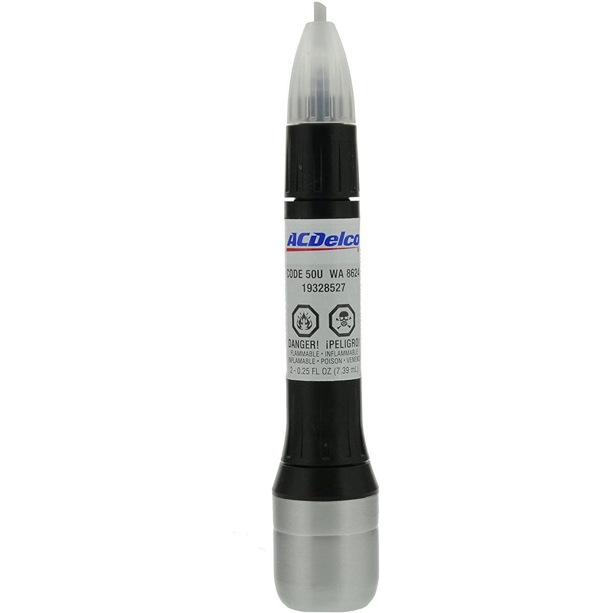 A paint marker stands upright, capped, indicating its use for touch-ups on surfaces, with warning labels about flammability and safety instructions visible.