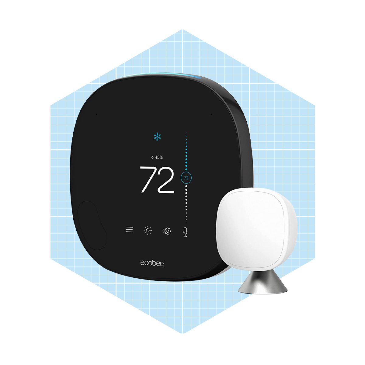 A digital thermostat displays a temperature of 72°F, adjusting humidity, alongside a separate sensor on a stand, set against a light blue geometric background.