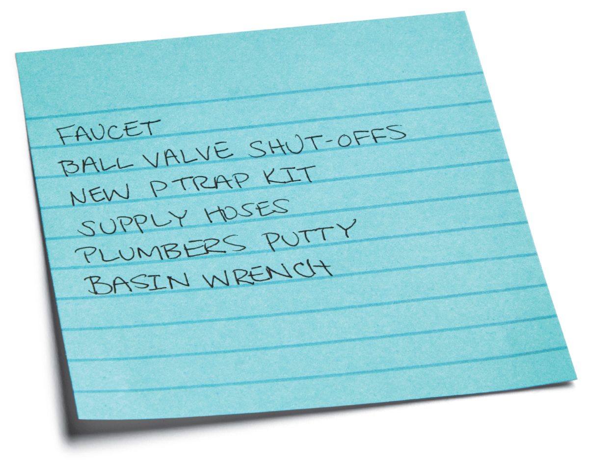 A blue notepad displays a handwritten list of plumbing supplies, including items like “faucet” and “basin wrench,” for home maintenance tasks.