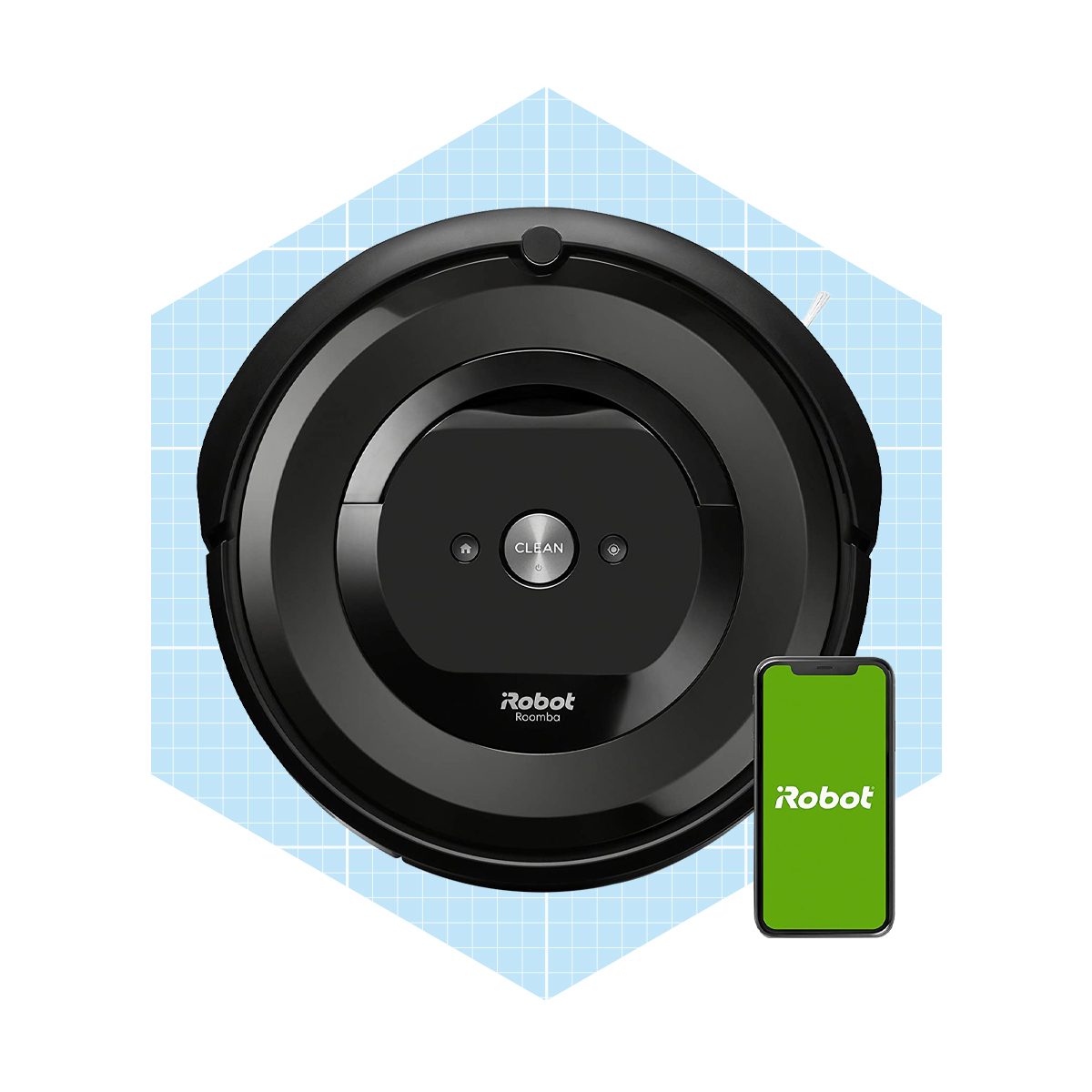 A round black robot vacuum rests beside a smartphone displaying a green interface, set against a light blue grid background.