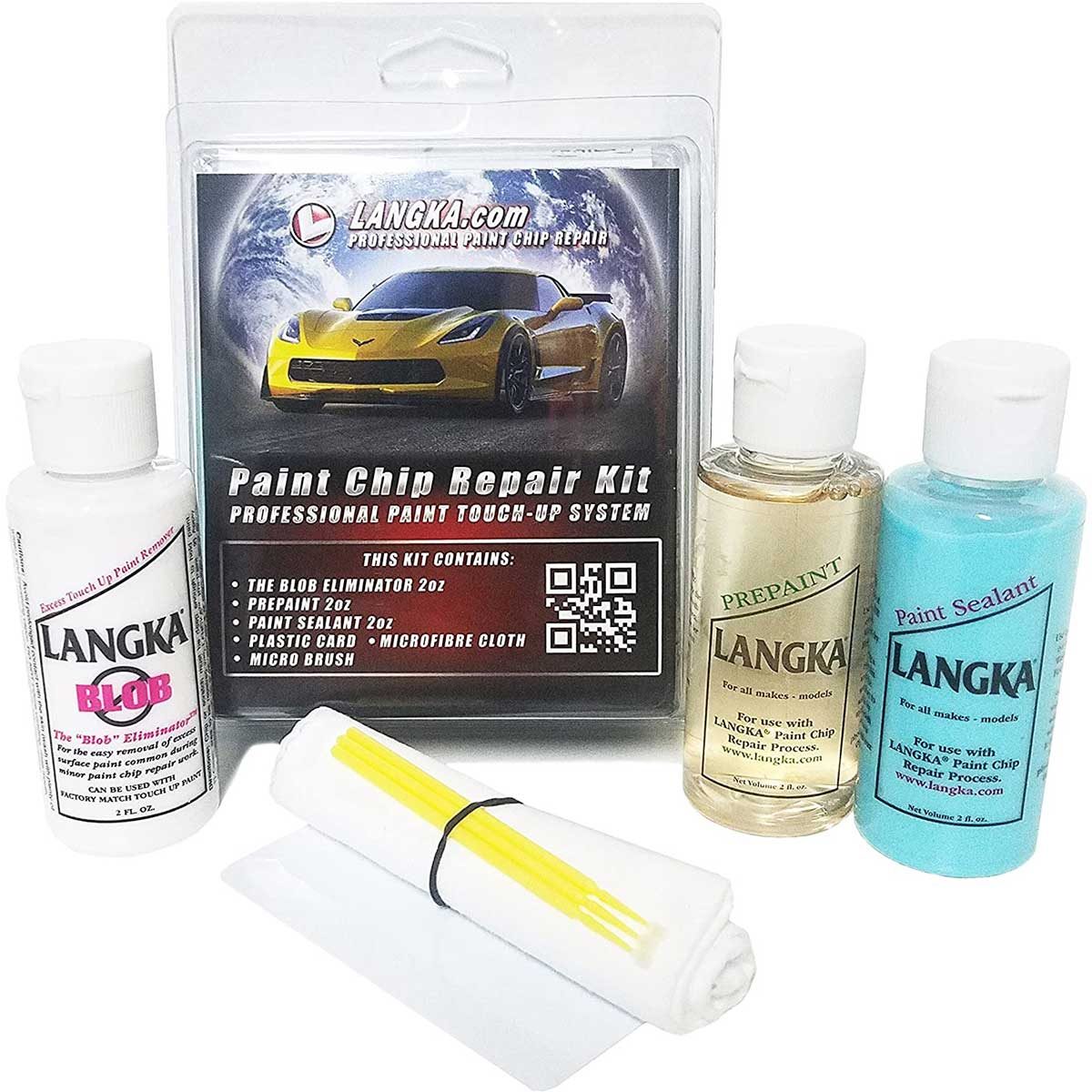 A paint chip repair kit contains multiple bottles and tools for touch-up car paint. It is packaged with a colorful visual, promoting professional repair solutions.