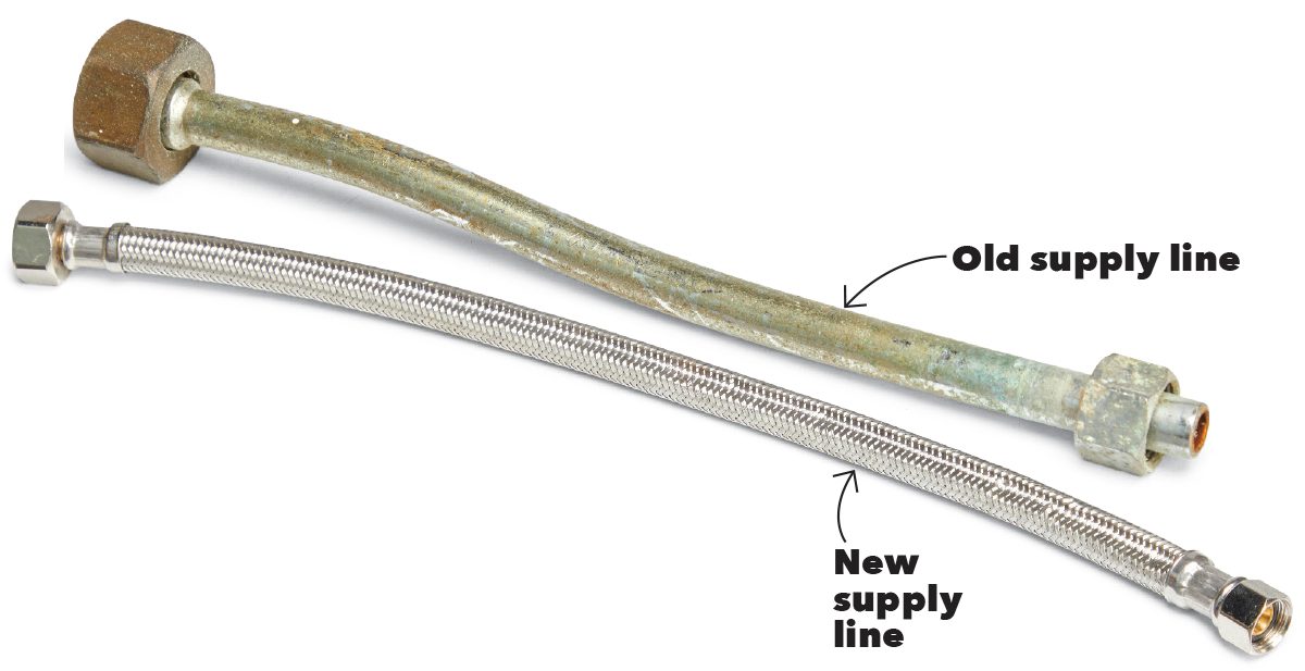 A metal supply line sits alongside a stainless steel replacement. Labels indicate "Old supply line" and "New supply line" for comparison.