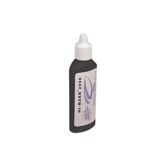 A bottle of black ink is standing upright, designed for writing or marking. Its label indicates it's a 