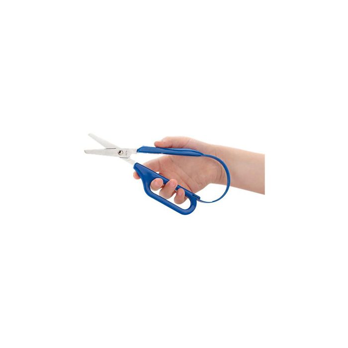A hand holds blue-handled scissors, open and ready to cut, against a plain white background, emphasizing the scissors' design and functionality.