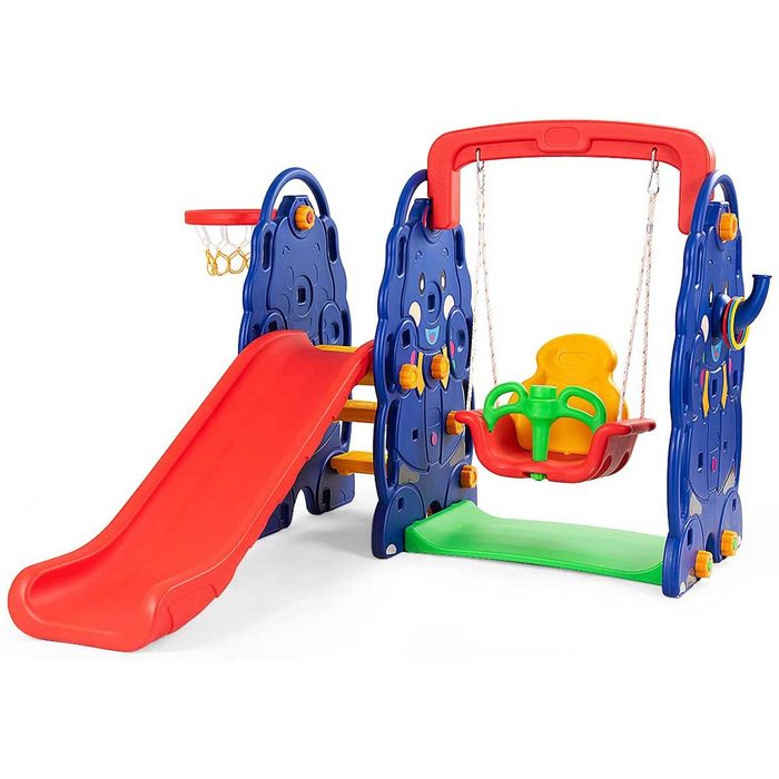 A colorful playground set features a red slide, swing, and basketball hoop, encouraging active play in a safe, inviting environment.