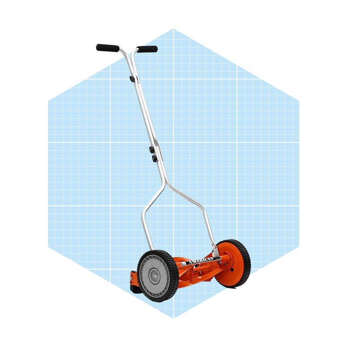 A push lawnmower stands upright on a light blue grid background, designed for manual use to maintain grass length and appearance in outdoor spaces.