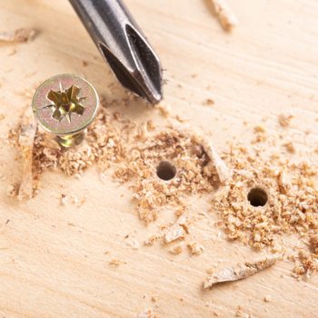 A screw rests on a wooden surface, surrounded by sawdust, with a screwdriver positioned nearby, indicating an ongoing assembly or construction task.