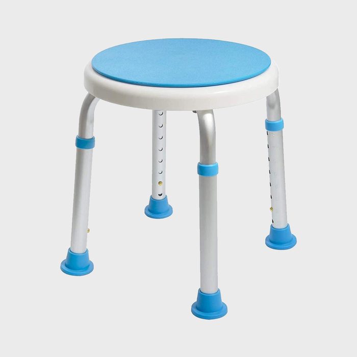 A round stool features a blue top and adjustable silver legs with blue accents. It's designed for seating in various indoor settings.