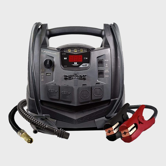 A portable power station with digital display provides electricity via multiple ports and includes red and black jumper cables for vehicle jump-starting.