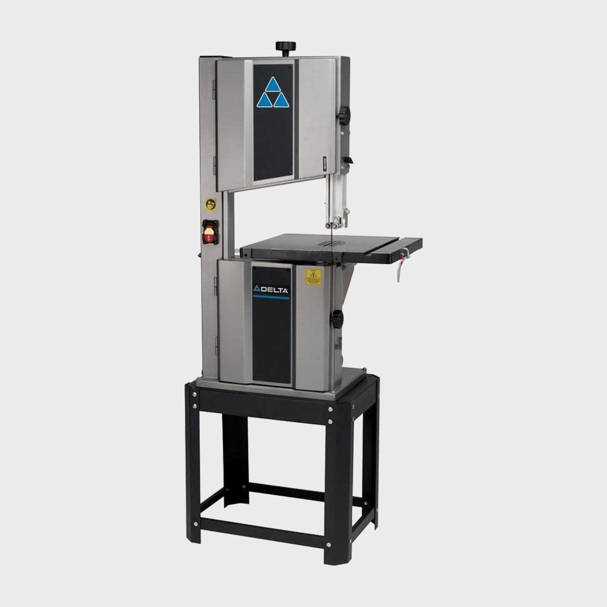 A standing bandsaw is positioned on a black metal stand, ready for wood cutting in a workshop environment, featuring a control panel and a cutting blade.
