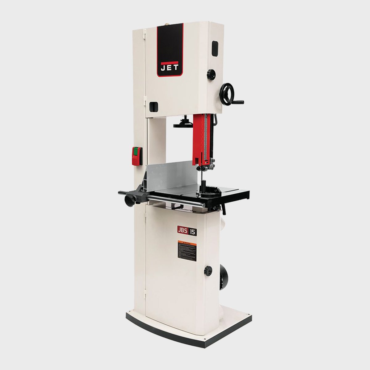 A bandsaw stands upright, with a blade positioned vertically for cutting. Its sturdy base supports a horizontal tabletop, set against a neutral background.