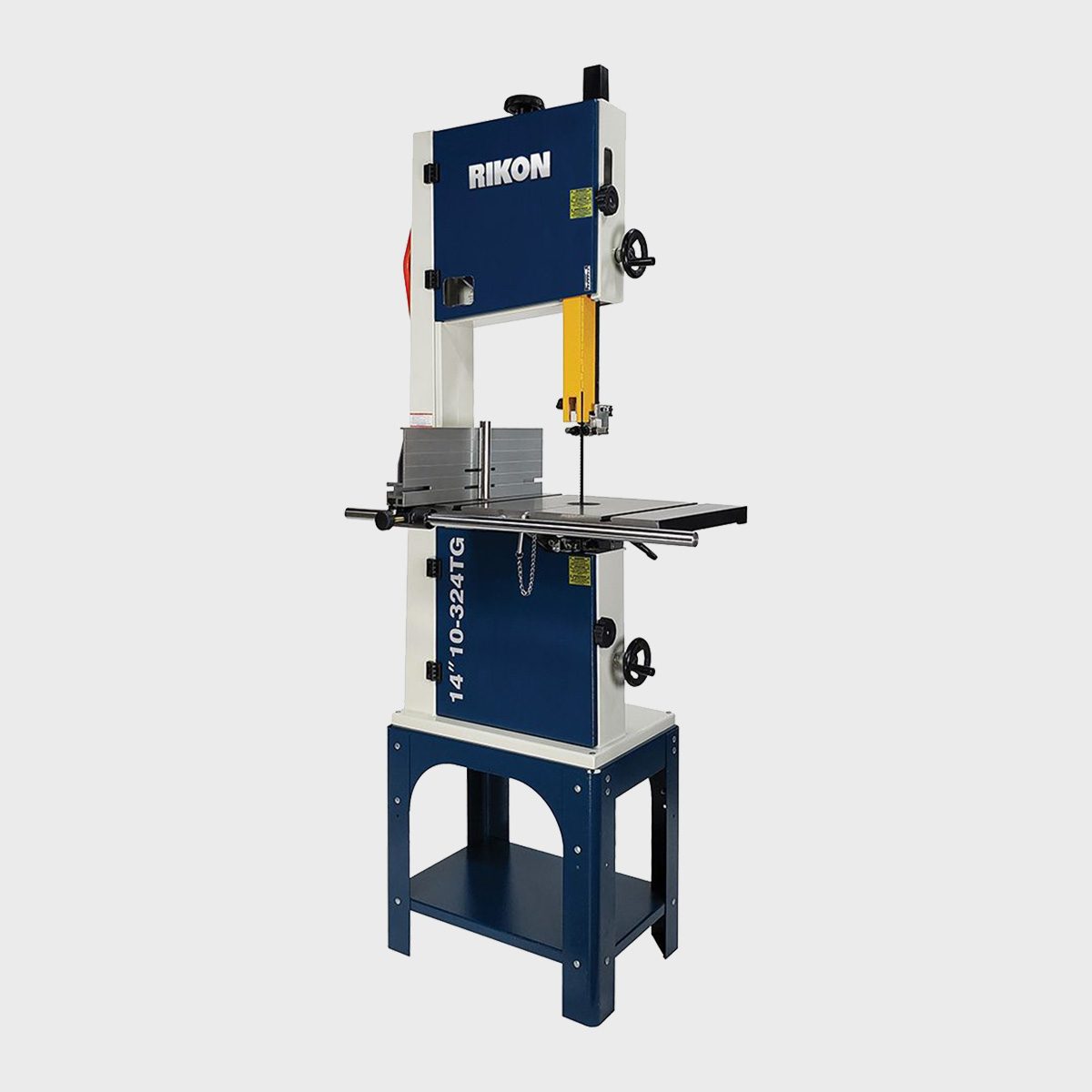 A bandsaw stands upright, ready to cut wood, with a flat surface for material placement and a secure base for stability in a workshop environment.