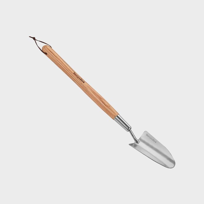 A stainless steel hand trowel with a wooden handle is positioned upright, ready for gardening tasks in an undefined, minimalistic background.