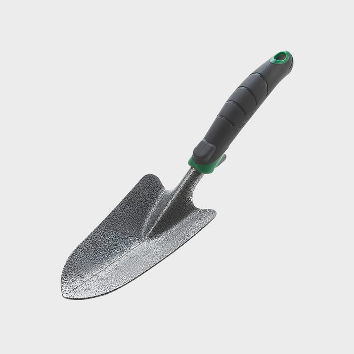 A metal trowel with a textured blade and a black handle featuring green accents is positioned horizontally against a white background, ready for gardening tasks.
