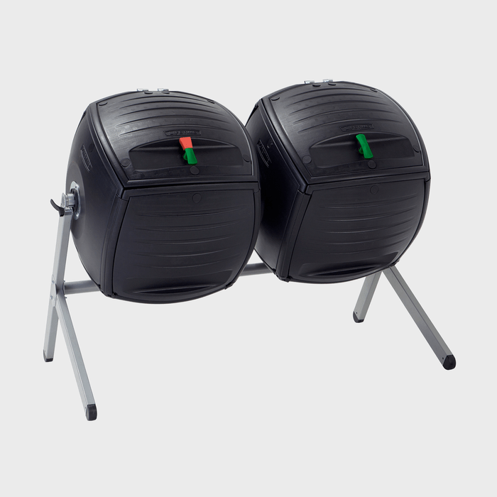Two black compost bins are positioned on a metal frame. Each bin has a top lid and colored levers, designed for mixing compost material efficiently.