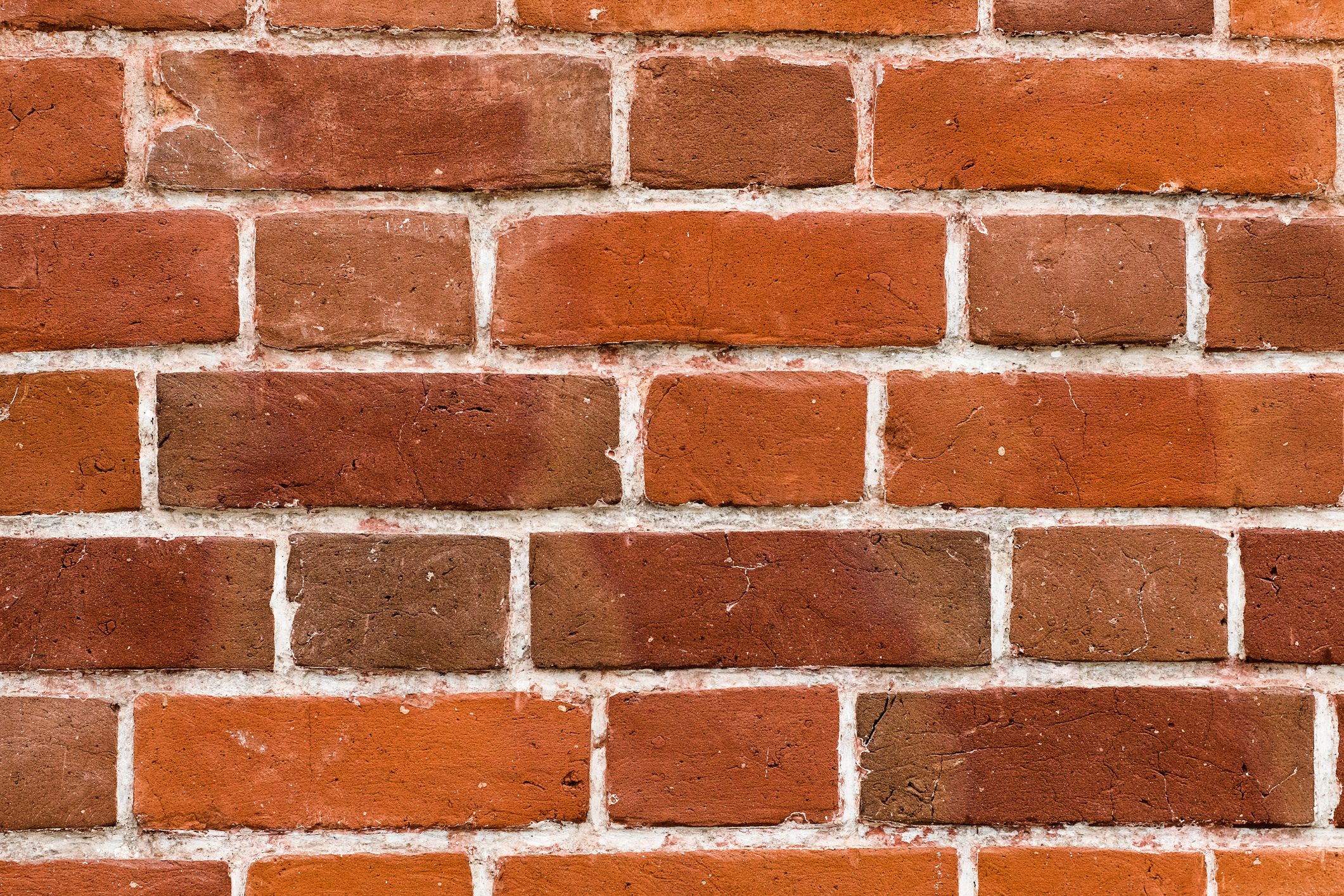 A brick wall displays a pattern of reddish-brown bricks, interspersed with white mortar, creating a textured appearance in a uniform grid layout.