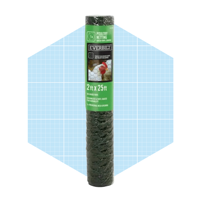 A roll of green poultry netting stands upright, intended for use in enclosures, set against a light blue grid-patterned background.