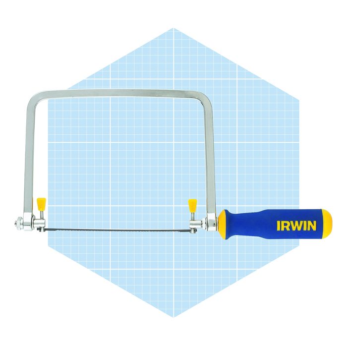 A coping saw is displayed, featuring a curved metal frame and a blue handle. It is set against a light blue grid background.