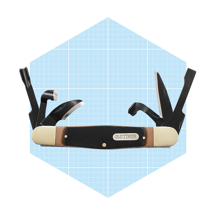 A multi-tool knife displays various tools open, set against a light blue geometric background. The handle has a textured grip and a brand name.
