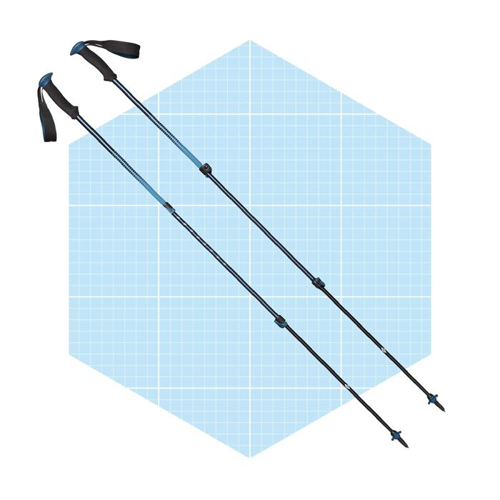 Two hiking poles are crossed diagonally, featuring rubber grips and adjustable straps. They rest on a light blue hexagonal background with a grid pattern.