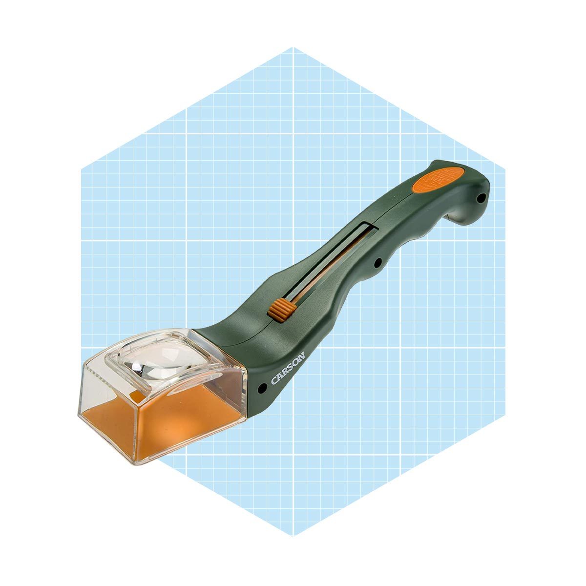 A green handheld magnifier focuses light through a clear lens, resting on a light blue grid background. The handle features a textured grip and an activation switch.