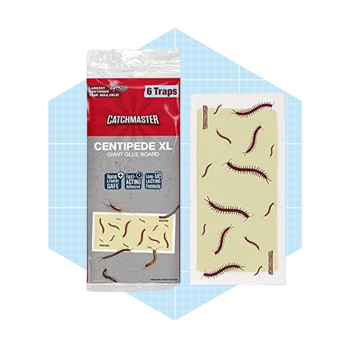 A pack of centipede traps is displayed. The traps feature adhesive surfaces for capturing insects, positioned against a light blue patterned background.
