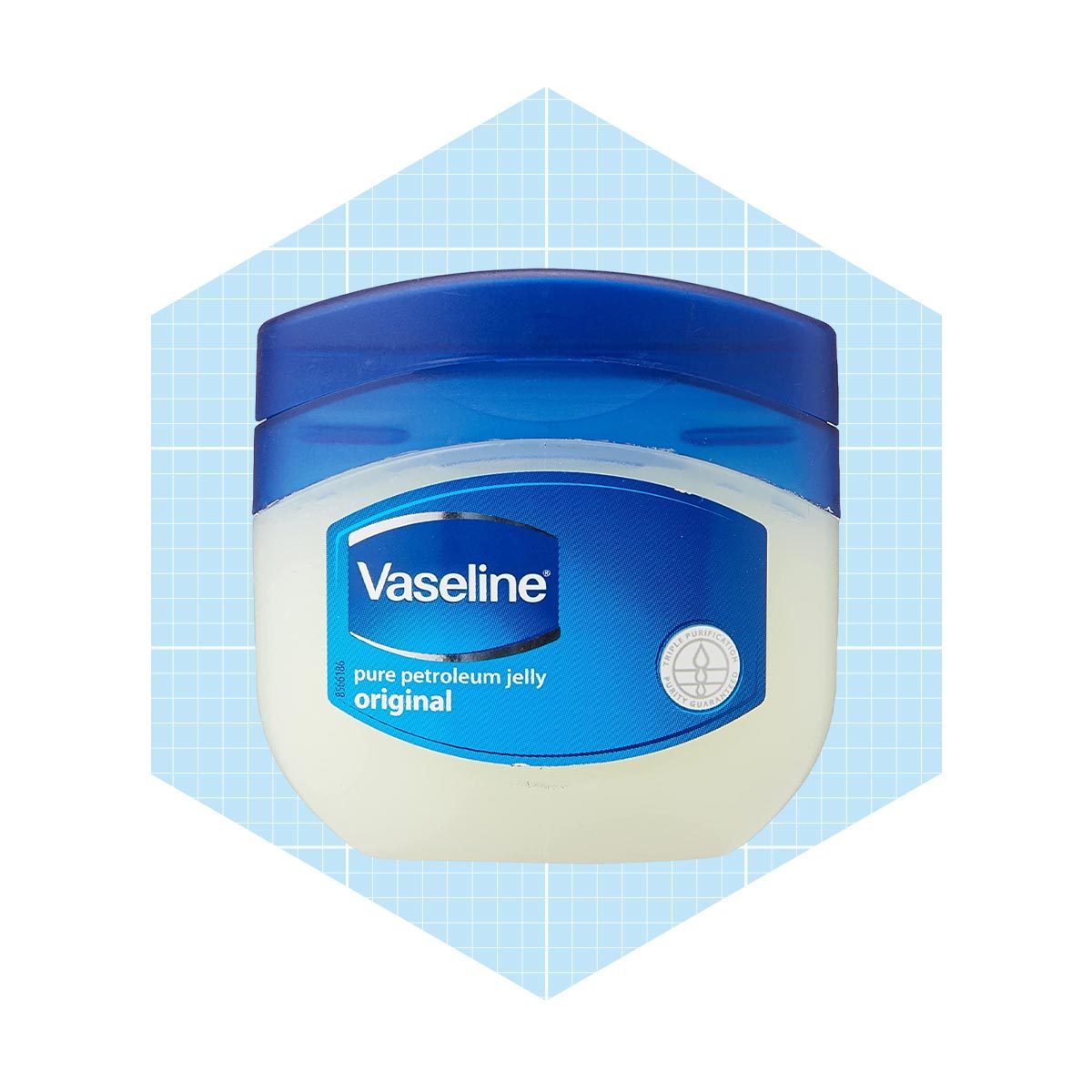 A blue-lidded jar of Vaseline petroleum jelly sits against a light blue grid background, indicating skincare or moisturizing use.