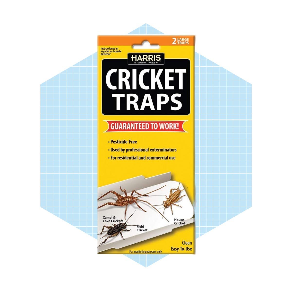 A packaging for cricket traps displays detailed information, highlighting features. Design includes illustrations of different crickets. Background is a light blue grid pattern.