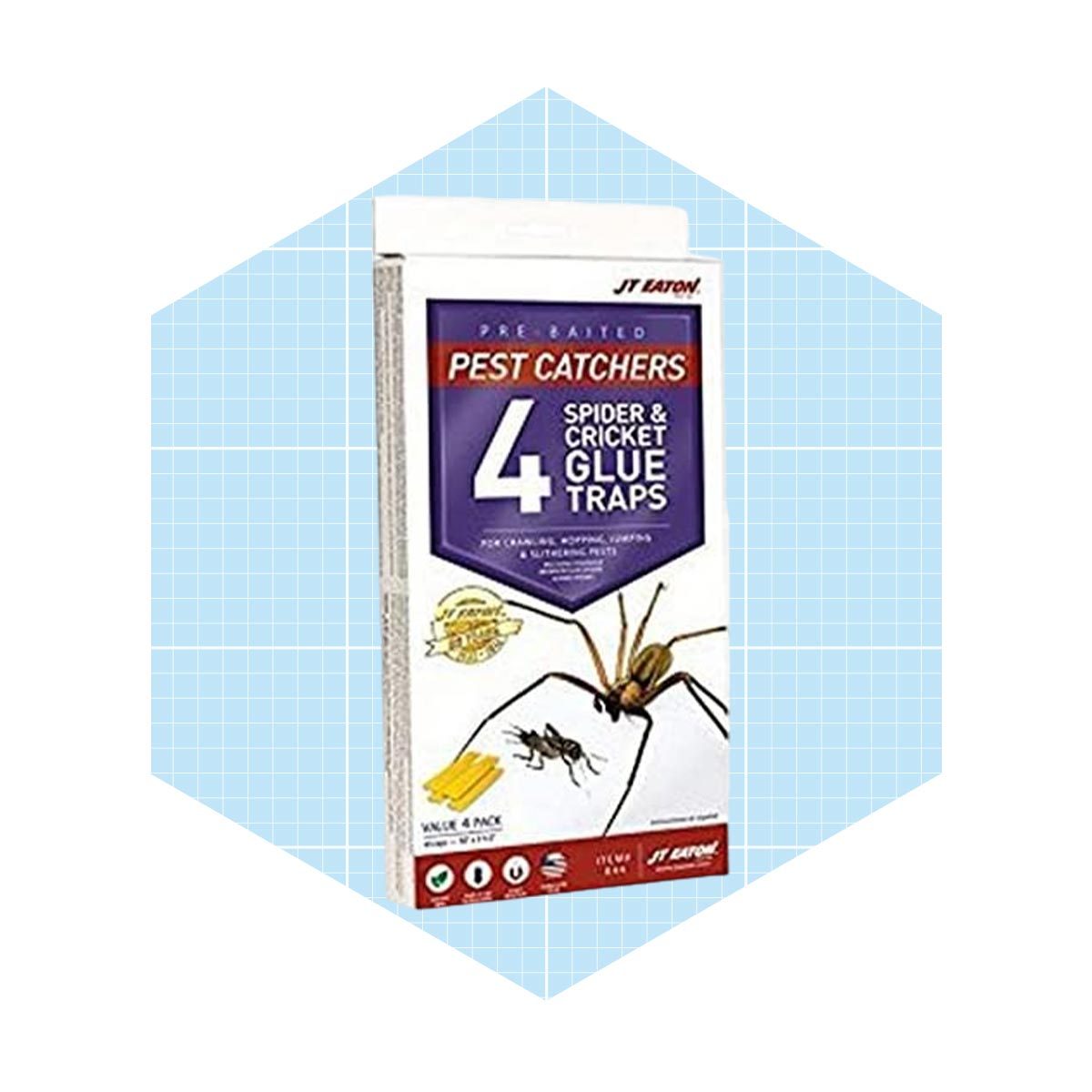 A package of glue traps designed for catching spiders and crickets, featuring images of the insects, set against a light blue grid background.